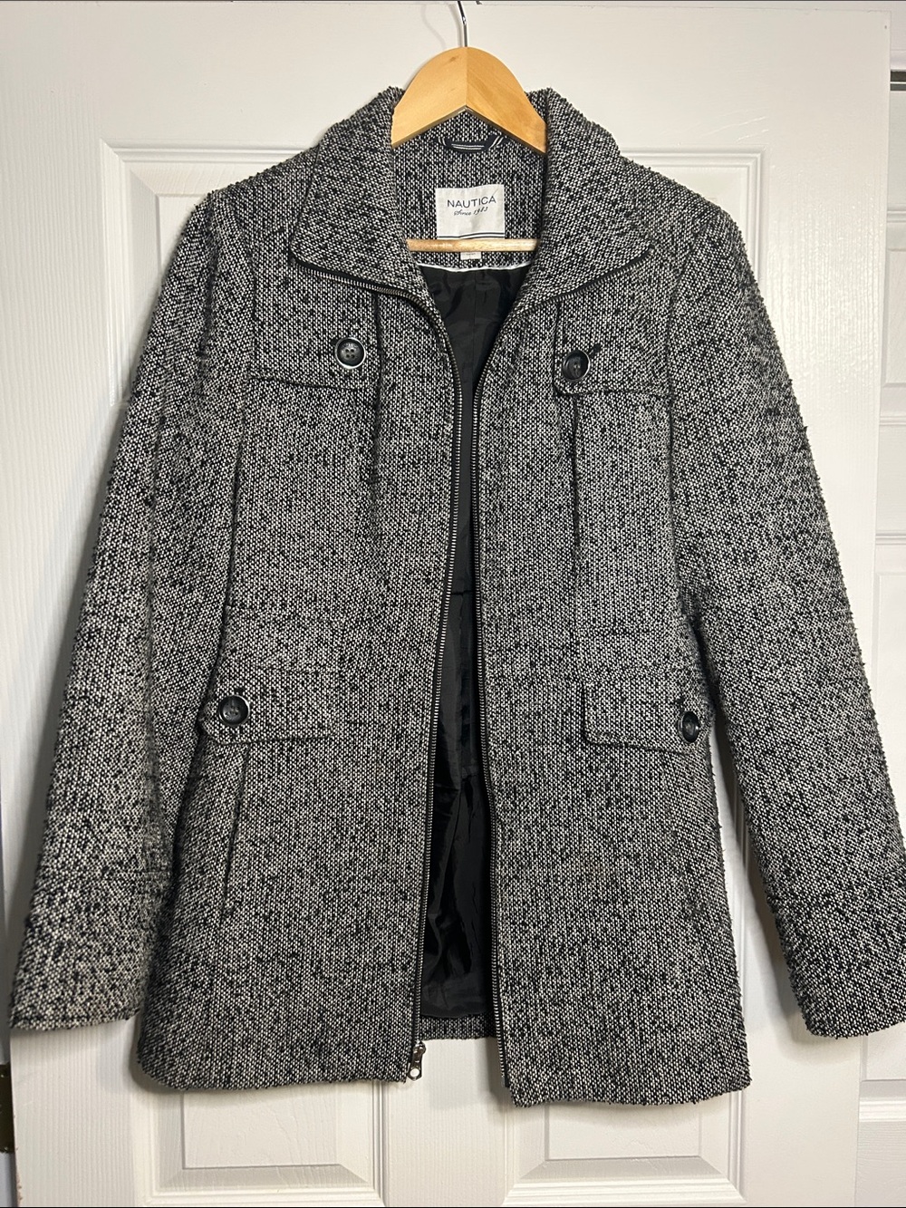 Nautica Women’s Black Gray Tweed Zip Front Pea Coat Jacket L